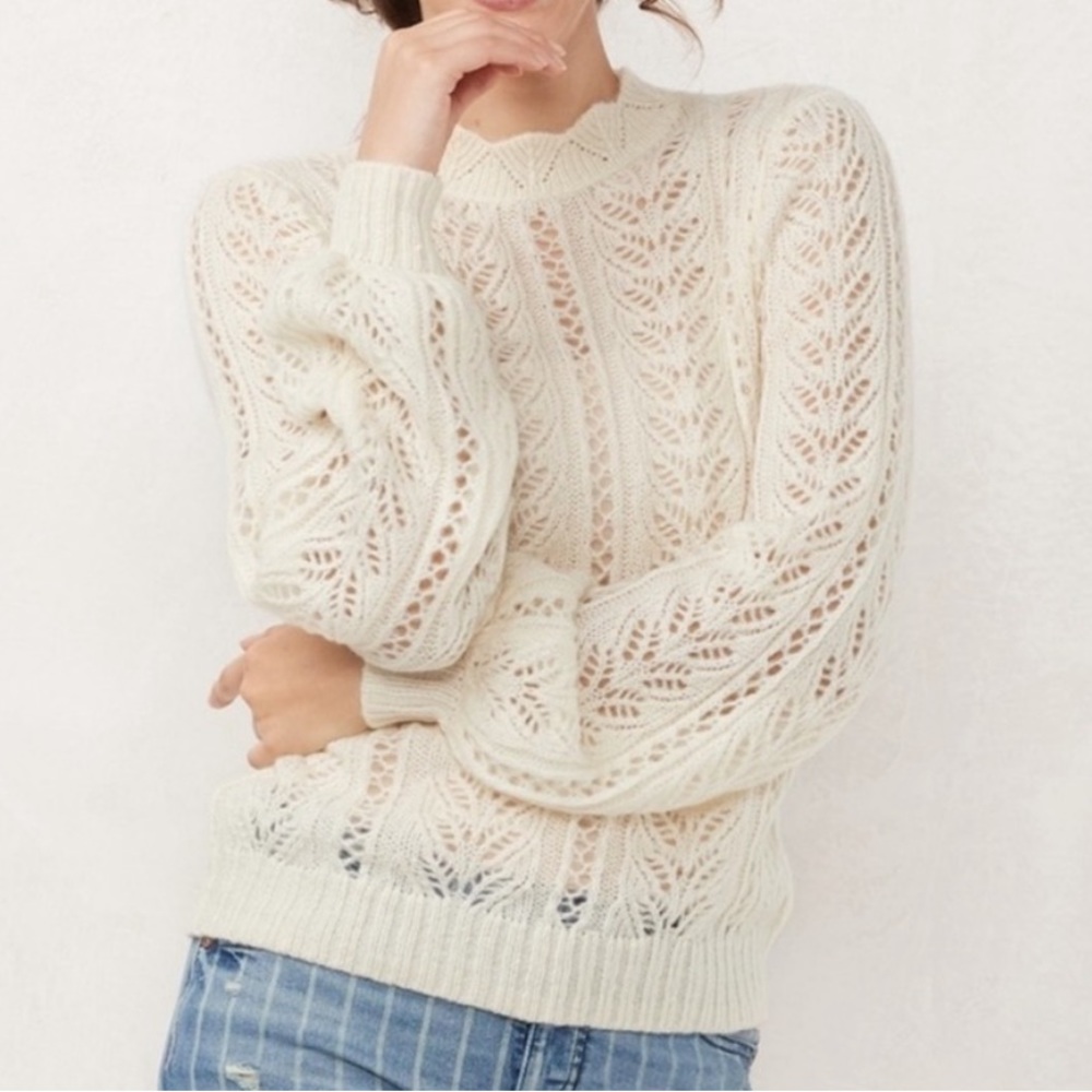 LC Lauren Conrad Pointelle Open Knit Scalloped Sweater Cream Puff Sleeves L